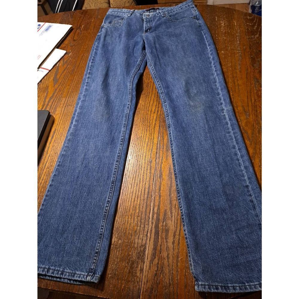 Size 12 Long Lee Riveted Ultimate 5 Mid Rise Denim Blue Jeans with Pockets